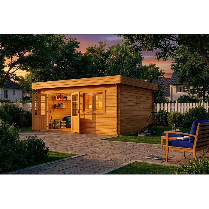 Alpholz Gartenhaus Spree B - Außenmaß inkl. Dachüberstand (B x T): 520 x 420 cm, Holz, Pinie - Modernes Holzgartenhaus mit Flachdach, offener Tür, die Werkzeuge zeigt, und Fenstern, in einem Garten gelegen.
