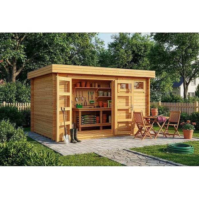 Alpholz Gartenhaus Leandro - Außenmaß inkl. Dachüberstand (B x T): 394 x 268 cm, Holz, Pinie - Ein Gartenhaus aus Naturholz, komplett ausgestattet mit Gartengeräten, Töpfen und einer Werkbank, in einem sonnigen Garten.