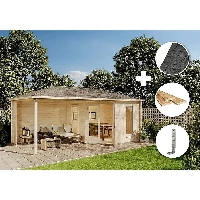 Alpholz Gartenhaus ECO Set Liwa - Außenmaß inkl. Dachüberstand (B x T): 614 x 317 cm, Holz, Naturbelassen - Holzhütte mit überdachter Terrasse. Bilder zeigen Dachschindeln, Holzbretter und einen Metallwinkel.