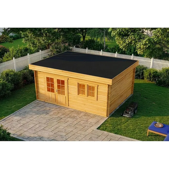 Alpholz Gartenhaus Spree B - Außenmaß inkl. Dachüberstand (B x T): 520 x 420 cm, Holz, Pinie - Holz-Gartenhaus mit schwarzem Flachdach, Doppeltür und zwei Fenstern, auf einer Terrasse im Garten.