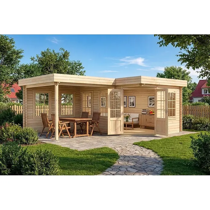 Alpholz Gartenhaus Pepe - Außenmaß inkl. Dachüberstand (B x T): 618 x 462 cm, Holz, Naturbelassen - L-förmiges Gartenhaus aus hellem Holz mit Außen- und Innenbereichen in einem grünen Garten.