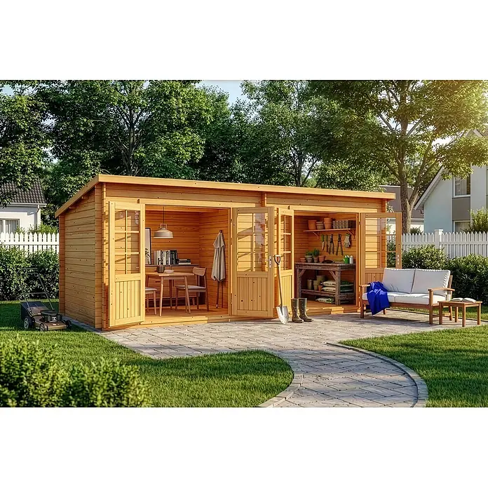 Alpholz Gartenhaus Maria Twin - Außenmaß inkl. Dachüberstand (B x T): 598 x 272 cm, Holz, Pinie - Helles Holzgartenhaus mit zwei Bereichen für Büro/Freizeit und Gartenarbeit, auf einer Terrasse in einem Garten.