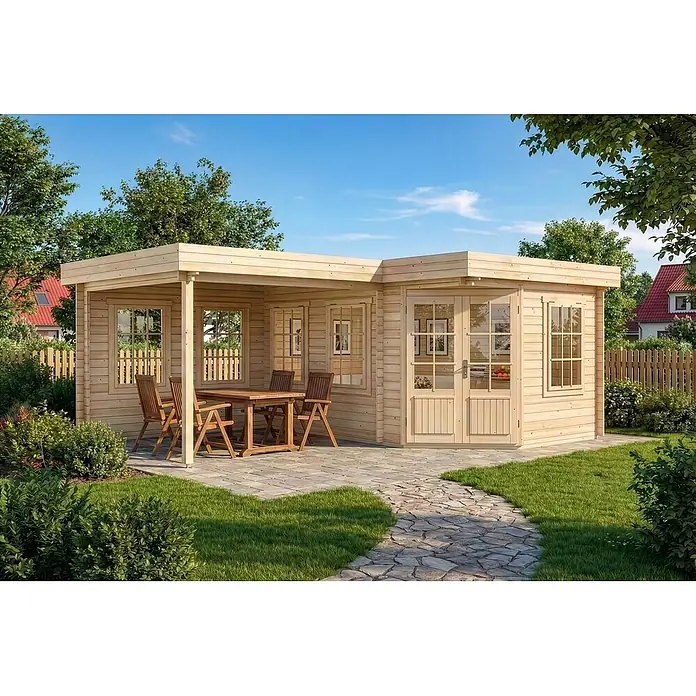 Alpholz Gartenhaus Pepe - Außenmaß inkl. Dachüberstand (B x T): 618 x 462 cm, Holz, Naturbelassen - L-förmiges helles Gartenhaus aus Holz mit integrierter überdachter Terrasse, Holztisch und Stühlen im grünen Garten.