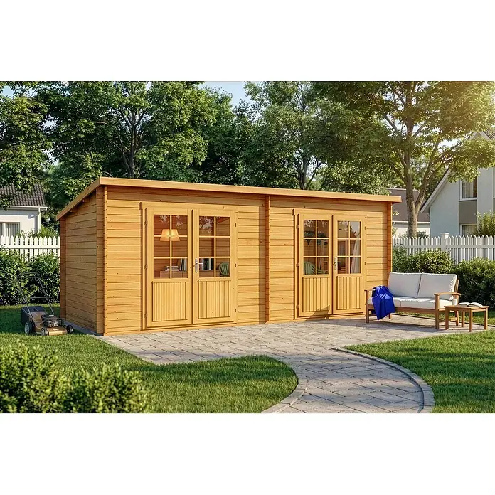 Alpholz Gartenhaus Maria Twin - Außenmaß inkl. Dachüberstand (B x T): 598 x 272 cm, Holz, Pinie - Gartenhaus aus Naturholz mit mehreren Fenstern und Doppeltüren auf einer gepflasterten Terrasse.