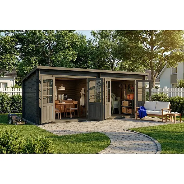 Alpholz Gartenhaus Maria Twin - Außenmaß inkl. Dachüberstand (B x T): 598 x 272 cm, Holz, Grau - Dunkelgraues Gartenhaus mit zwei Bereichen: einem als Outdoor-Büro/Lounge und einem zur Gartenwerkzeugaufbewahrung.