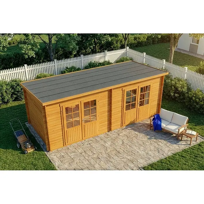 Alpholz Gartenhaus Maria Twin - Außenmaß inkl. Dachüberstand (B x T): 598 x 272 cm, Holz, Pinie - Holzhütte mit zwei Doppeltüren und flachem dunkelgrauem Dach, auf gepflasterter Terrasse neben Gartenmöbeln.