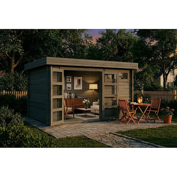 Alpholz Gartenhaus Leandro - Außenmaß inkl. Dachüberstand (B x T): 394 x 268 cm, Holz, Grau - Ein gemütliches, modernes, grau-holzfarbenes Gartenhaus mit beleuchtetem Interieur und Sitzbereich im Freien in der Dämmerung.