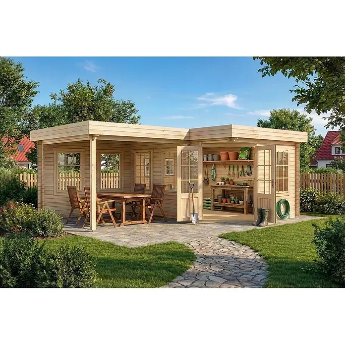 Alpholz Gartenhaus Pepe - Außenmaß inkl. Dachüberstand (B x T): 618 x 462 cm, Holz, Naturbelassen - L-förmiges helles Holzgartenhaus mit integrierter überdachter Terrasse, eingerichtet für Gartenarbeit und Essen im Freien.