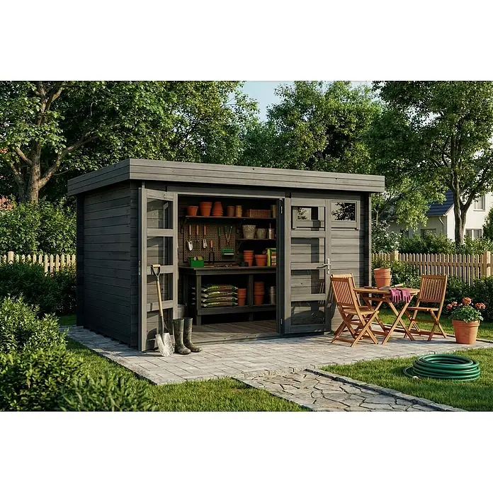 Alpholz Gartenhaus Leandro - Außenmaß inkl. Dachüberstand (B x T): 394 x 268 cm, Holz, Grau - Dunkelgrauer Holz-Gartenschuppen mit offenen Türen, der Gartengeräte und Zubehör im Inneren zeigt, auf einer Terrasse in einem grünen Garten.