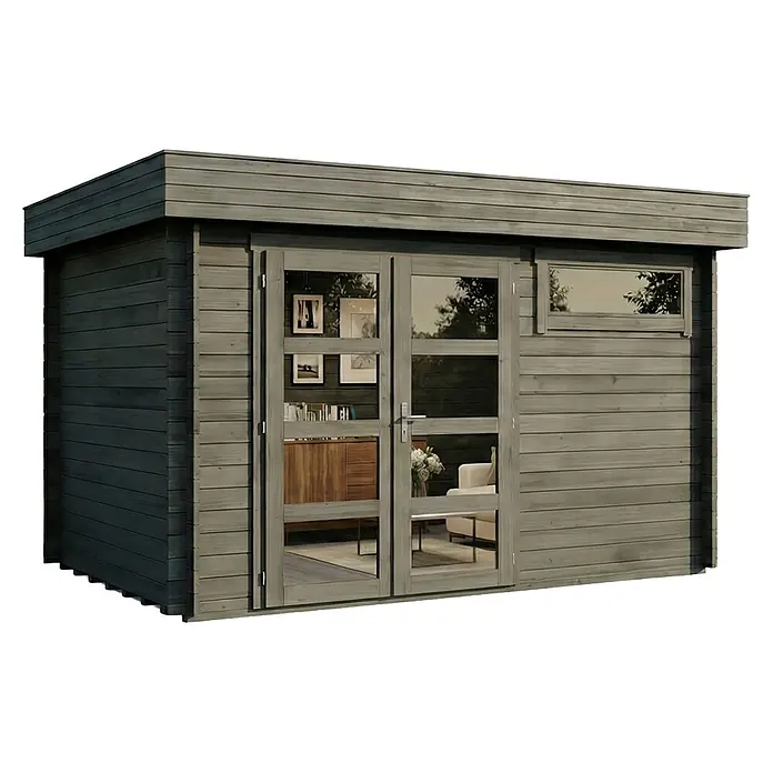Alpholz Gartenhaus Leandro - Außenmaß inkl. Dachüberstand (B x T): 394 x 268 cm, Holz, Grau - Modernes graues Gartenbüro aus Holz mit Flachdach, großen Glastüren und horizontalem Fenster.