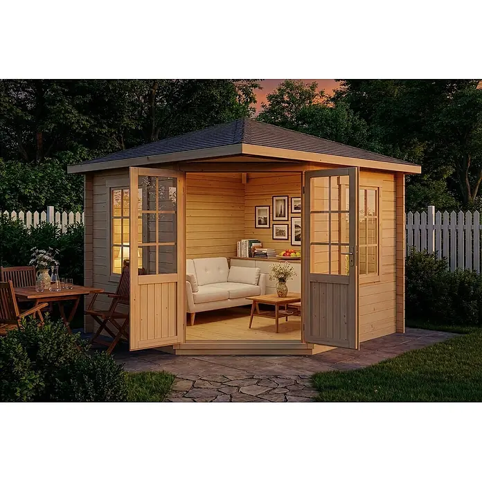 Alpholz Gartenhaus Monica - Außenmaß inkl. Dachüberstand (B x T): 320 x 320 cm, Holz, Naturbelassen - Gartenhaus aus Holz mit Sitzbereich innen und Essplatz im Freien bei Dämmerung.