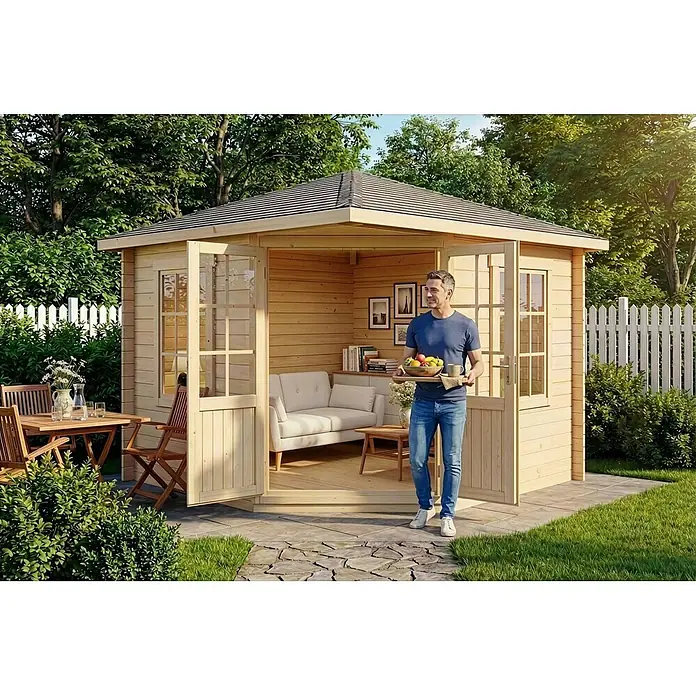 Alpholz Gartenhaus Monica - Außenmaß inkl. Dachüberstand (B x T): 320 x 320 cm, Holz, Naturbelassen - Ein Mann mit einem Tablett voller Obst und einer Tasse betritt einen Gartenpavillon aus Naturholz mit weißem Sofa für Entspannung im Freien.
