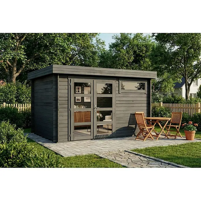 Alpholz Gartenhaus Leandro - Außenmaß inkl. Dachüberstand (B x T): 394 x 268 cm, Holz, Grau - Modernes dunkelgraues Gartenhaus aus Holz mit Flachdach, Glastüren und Fenster, daneben eine kleine Holzterrasse mit Sitzgelegenheiten.