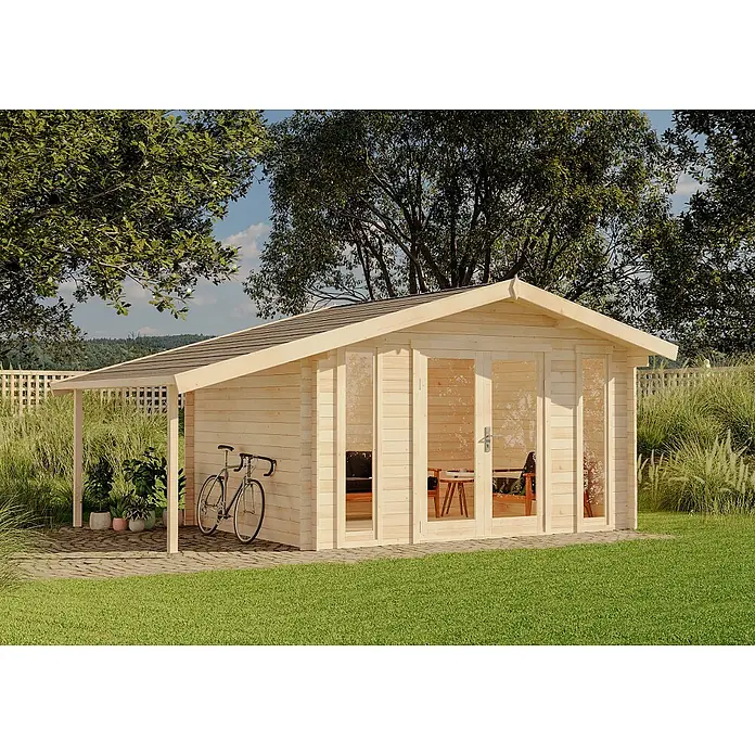 Alpholz Gartenhaus Mirko Modern - Außenmaß inkl. Dachüberstand (B x T): 549 x 350 cm, Holz, Naturbelassen - Helles Gartenhaus aus Holz mit Glastüren und integriertem Anbau, im Garten mit einem Fahrrad.