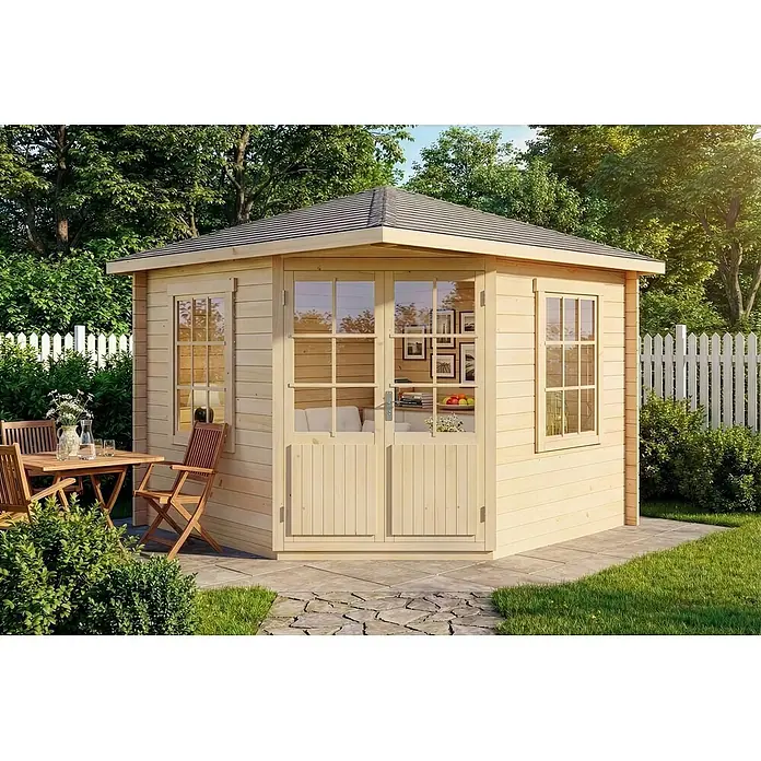 Alpholz Gartenhaus Monica - Außenmaß inkl. Dachüberstand (B x T): 320 x 320 cm, Holz, Naturbelassen - Helles Gartenhaus aus Holz mit Terrasse, Gartenmöbeln und weißem Lattenzaun.