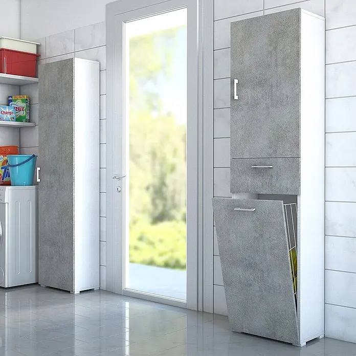 Kiamami Valentina Holz-Mehrzweckschrank - 450 x 320 x 1.950 cm, Weiß, Zementfarbe - Hoher Wäschekabinett in Grau und Weiß mit ausziehbarem Wäschesammler.