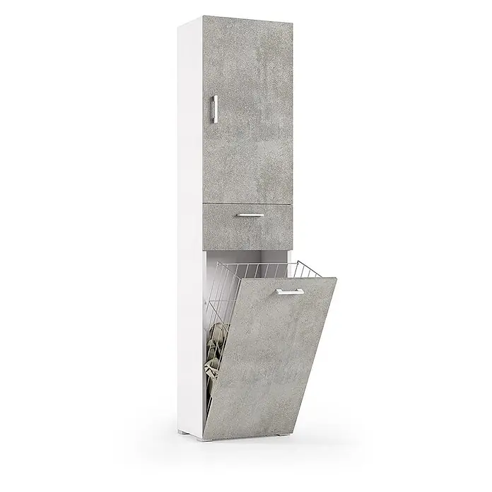 Kiamami Valentina Holz-Mehrzweckschrank - 450 x 320 x 1.950 cm, Weiß, Zementfarbe - Hoher weißer Schrank mit Betonoptikfronten, oben Schrankfach, mittig Schublade und unten Kipp-Wäschekorb.