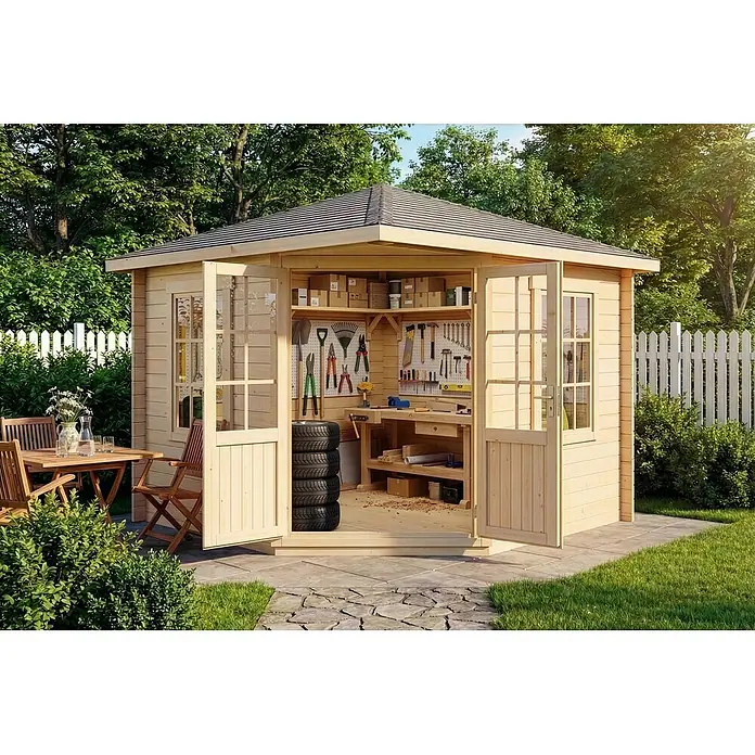 Alpholz Gartenhaus Monica - Außenmaß inkl. Dachüberstand (B x T): 320 x 320 cm, Holz, Naturbelassen - Natürliches Holzgartenhaus und Werkstatt, ausgestattet mit Werkzeugen und Reifen.