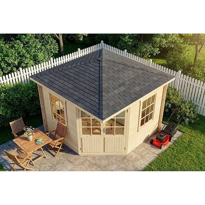 Alpholz Gartenhaus Monica - Außenmaß inkl. Dachüberstand (B x T): 320 x 320 cm, Holz, Naturbelassen - Ein heller Holzgartenpavillon mit dunklem Schindeldach, Fenstern und Doppeltüren.