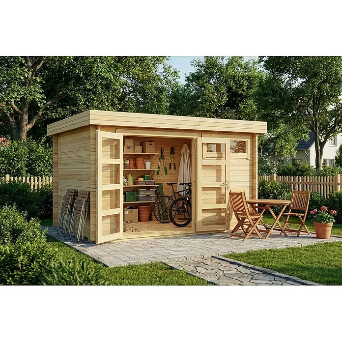 Alpholz Gartenhaus Leandro - Außenmaß inkl. Dachüberstand (B x T): 394 x 268 cm, Holz, Naturbelassen - Helles Holzgartenhaus mit offenen Türen, das Regale mit Lagerartikeln, Gartengeräten und einem Fahrrad zeigt. Auf einer gepflasterten Terrasse mit Gartenmöbeln.