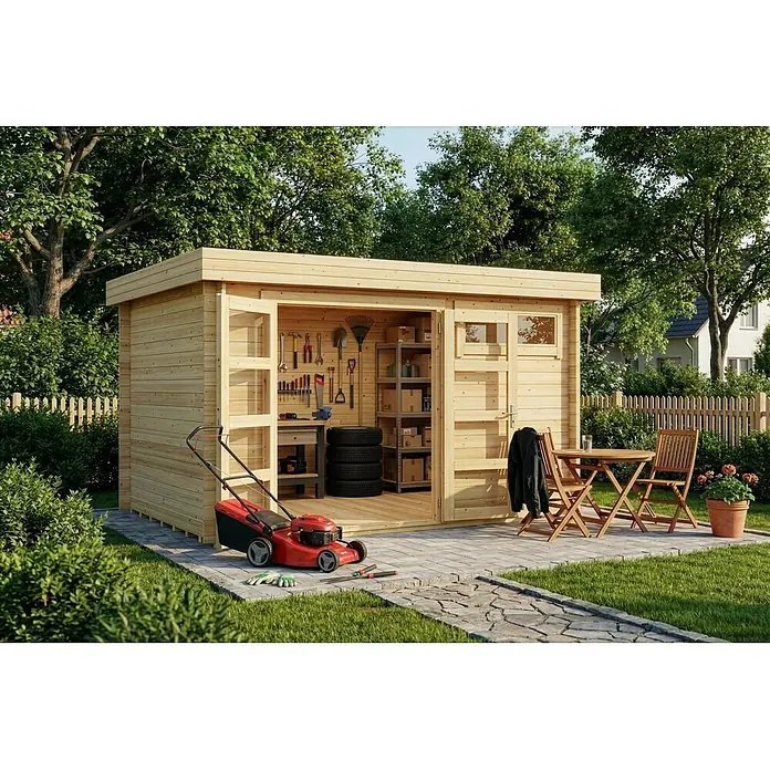 Alpholz Gartenhaus Leandro - Außenmaß inkl. Dachüberstand (B x T): 394 x 268 cm, Holz, Naturbelassen - Heller Holz-Gartenschuppen, voll ausgestattet mit Werkzeugen und Geräten.