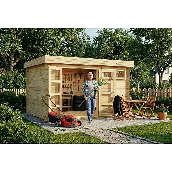 Alpholz Gartenhaus Leandro - Außenmaß inkl. Dachüberstand (B x T): 394 x 268 cm, Holz, Naturbelassen - Gartenhaus aus Naturholz mit offener Tür, ideal zur Aufbewahrung von Gartengeräten und Ausrüstung.