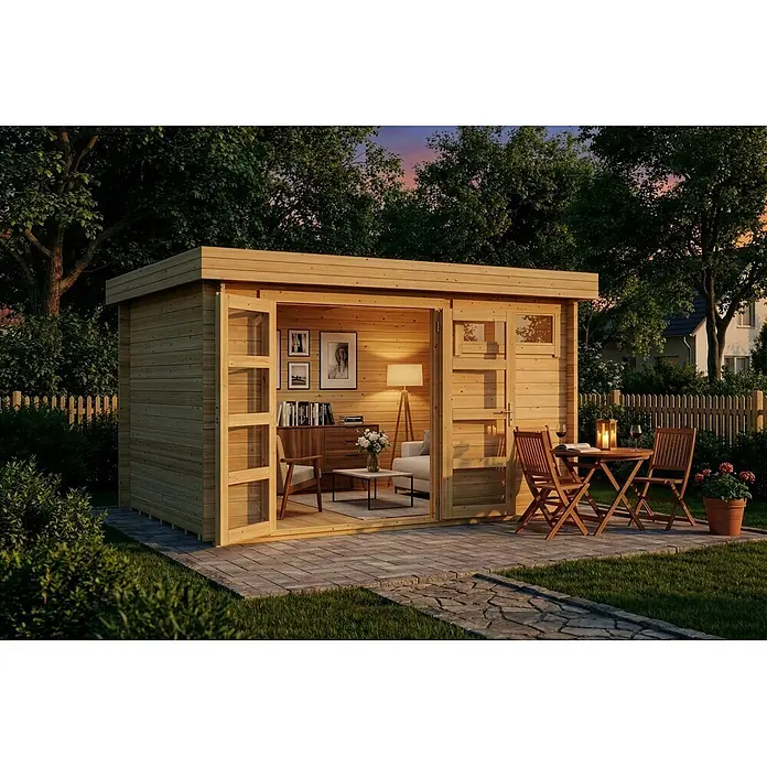 Alpholz Gartenhaus Leandro - Außenmaß inkl. Dachüberstand (B x T): 394 x 268 cm, Holz, Naturbelassen - Ein gemütliches Gartenhaus aus hellem Holz mit Wohnbereich innen und angrenzender Terrasse.