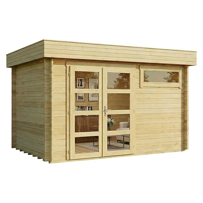Alpholz Gartenhaus Leandro - Außenmaß inkl. Dachüberstand (B x T): 394 x 268 cm, Holz, Naturbelassen - Helles Gartenhaus aus Holz mit Doppeltüren und Seitenfenster.