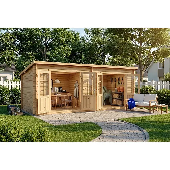 Alpholz Gartenhaus Maria Twin - Außenmaß inkl. Dachüberstand (B x T): 598 x 272 cm, Holz, Naturbelassen - Holzhütte mit zwei Bereichen: einem als Büro/Essbereich eingerichtet, dem anderen für Gartenwerkzeuge und einem Sitzbereich im Freien.