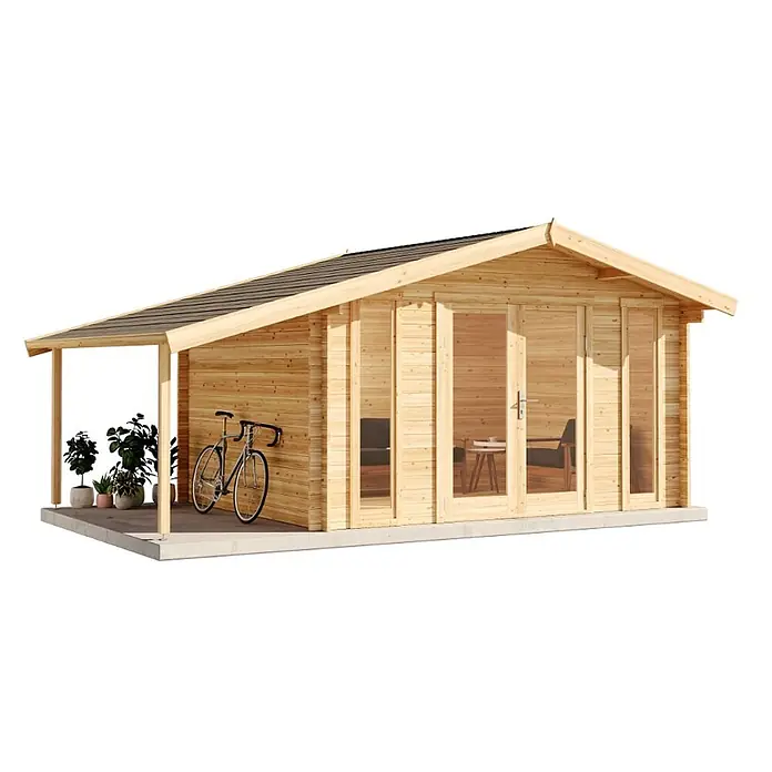 Alpholz Gartenhaus Mirko Modern - Außenmaß inkl. Dachüberstand (B x T): 549 x 350 cm, Holz, Pinie - Natürliches Holz-Gartenzimmer mit überdachter Veranda, großen Glastüren und dunklem Dach, eingerichtet mit Fahrrad und Pflanzen.