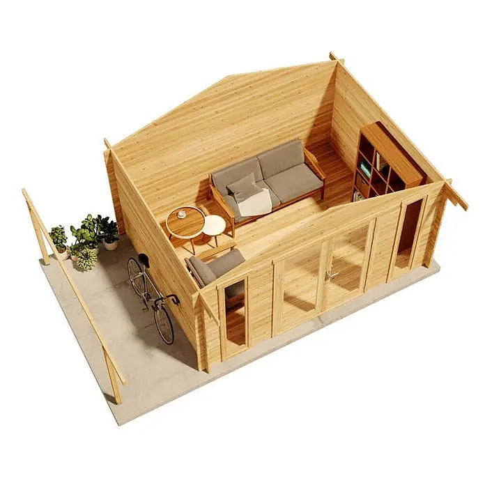 Alpholz Gartenhaus Mirko Modern - Außenmaß inkl. Dachüberstand (B x T): 549 x 350 cm, Holz, Pinie - Helles Holzgartenhaus mit offenem Dach, Innenbereich mit Sofa und Regal, Außenbereich mit Fahrrad und Pflanzen.