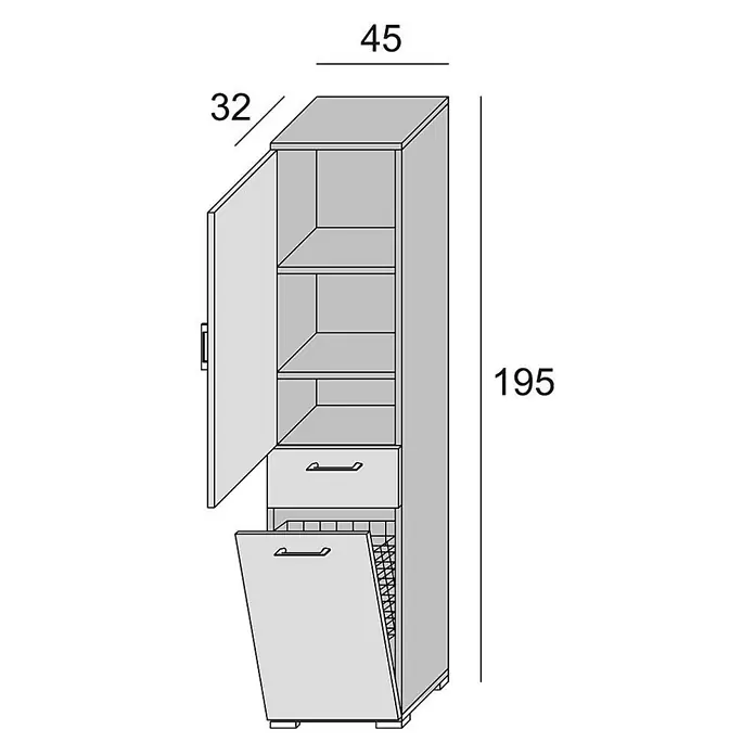 Kiamami Valentina Holz-Mehrzweckschrank - 45 x 32 x 195 cm, Weiß - Hoher Schrank mit Regalböden, einer Schublade und einem ausklappbaren Wäschekorb.