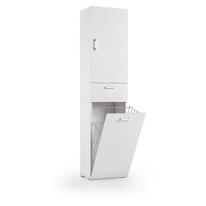 Kiamami Valentina Holz-Mehrzweckschrank - 45 x 32 x 195 cm, Weiß - Weißer Hochschrank mit oberer Tür, Schublade und Kippwäschekorb mit Metallgestell.