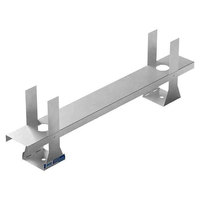 Knauf Pocket Kit Easy CW-Standprofil 75 Höhenausgleich - Knauf Pocket Kit Easy Schiebetürsystem - Silbernes Metall-Höhenausgleichskit für Taschenschiebetüren. Es hat einen langen Mittelträger und vertikale Stützen mit runden Aussparungen.