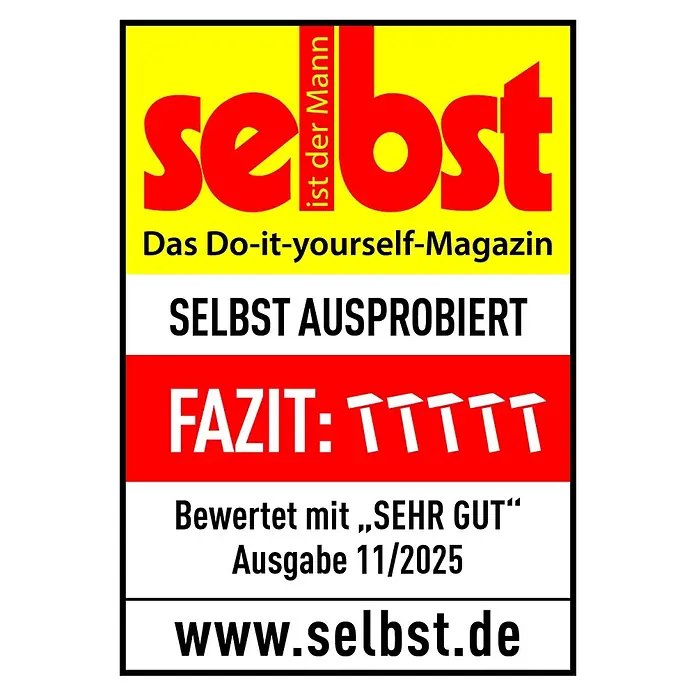 Neptun Wand-Schlauchbox - Schlauchlänge: 40 m, 180 ° schwenkbar - Gelb-rotes Gütesiegel von 'selbst ist der Mann' mit 'SEHR GUT' Bewertung und 5 Hämmern, aus Ausgabe 11/2025.