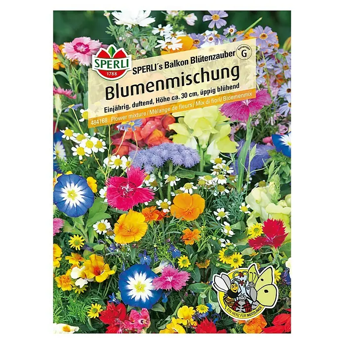 Sperli Blumensamen Balkon Blütenzauber - Verschiedene Sorten, Mehrfarbig, 2 m² - Samenpackung für eine bunte, duftende Blumenmischung für den Balkon. Einjährig, ca. 30 cm hoch, üppig blühend.