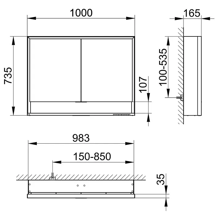 Keuco LED-Spiegelschrank Royal Lumos - B x H: 100 x 73,5 cm, Aluminium, silber-eloxiert - Technische Zeichnung eines wandmontierten Schranks mit zwei Türen und Hauptmaßen: 1000x735x165mm.