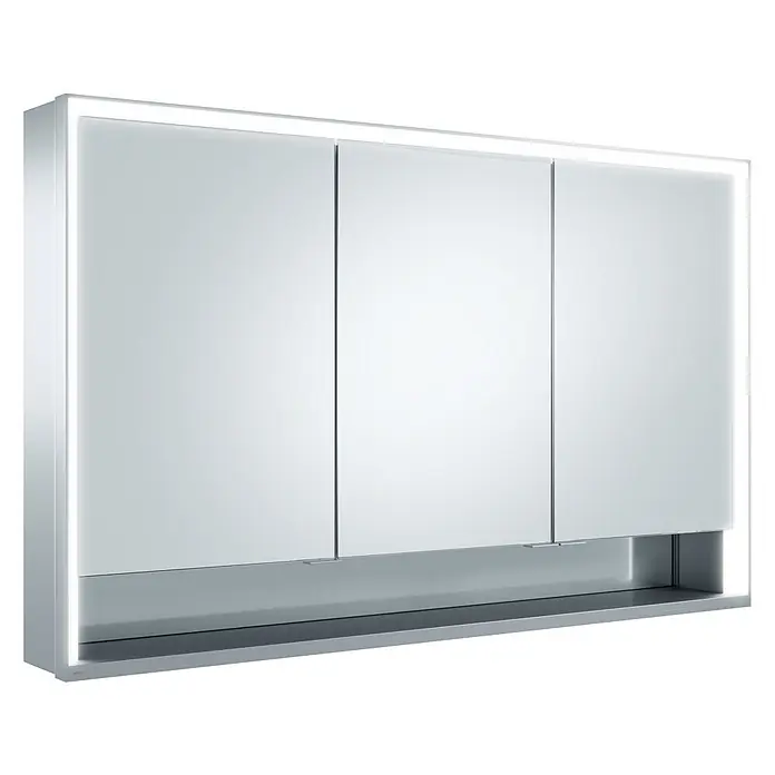 Keuco LED-Spiegelschrank Royal Lumos - B x H: 120 x 73,5 cm, Aluminium, silber-eloxiert - Silberner Spiegelschrank mit drei Spiegeltüren, integrierter LED-Beleuchtung und offener Ablage unten.