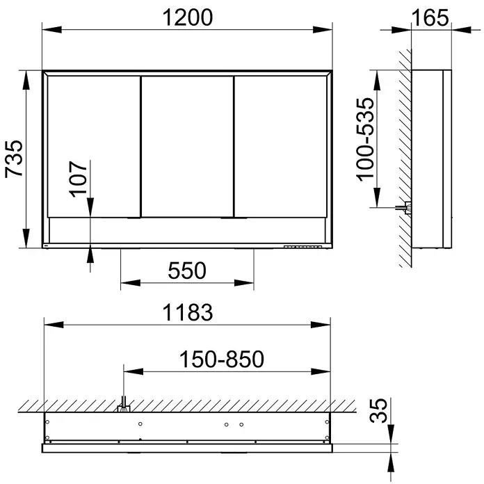 Keuco LED-Spiegelschrank Royal Lumos - B x H: 120 x 73,5 cm, Aluminium, silber-eloxiert - Technische Zeichnung eines rechteckigen Wandschranks mit drei Türen, zeigt Gesamt- und Innenmaße.