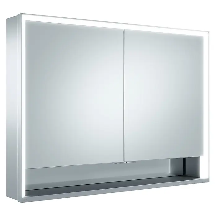 Keuco LED-Spiegelschrank Royal Lumos - B x H: 100 x 73,5 cm, Aluminium, silber-eloxiert - Silberner beleuchteter Spiegelschrank mit zwei Türen und offenem Ablagefach unten.