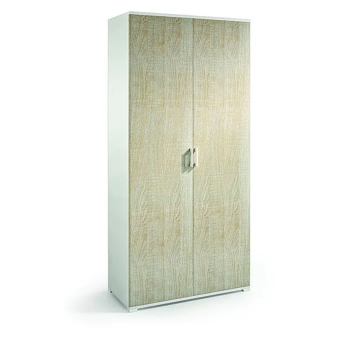 Kiamami Valentina Holz-Mehrzweckschrank - 90 x 47 x 195 cm, Weiss, Beige - Zweitüriger Kleiderschrank mit heller Holzmaserung an den Türen und weißem Rahmen, mit weißen Griffen.