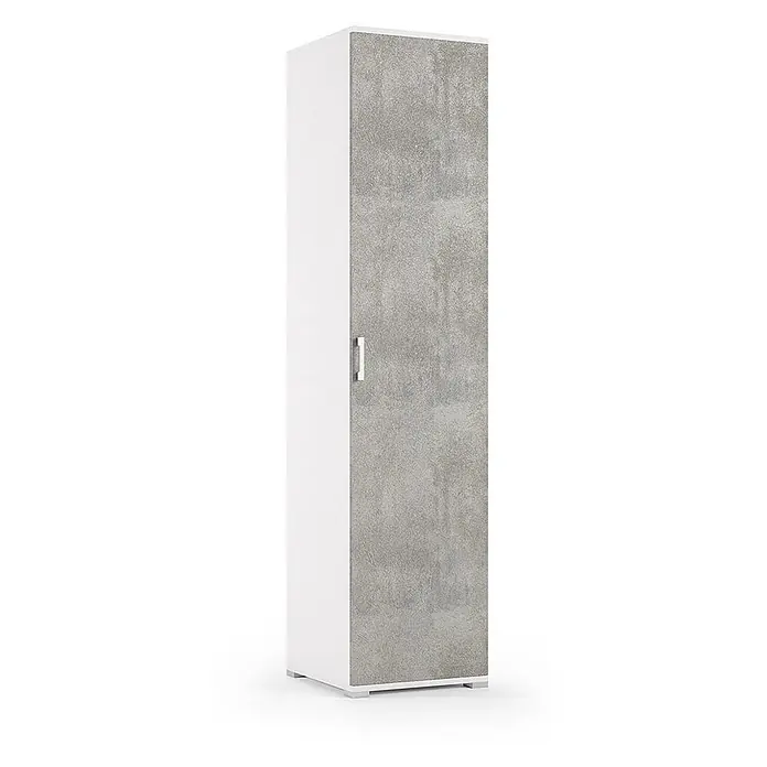 Kiamami Valentina Holz-Mehrzweckschrank - 45 x 47 x 195 cm, Weiss, Grau - Hoher, schmaler weißer Schrank mit einer grauen Tür in Betonoptik und einem silbernen Griff.