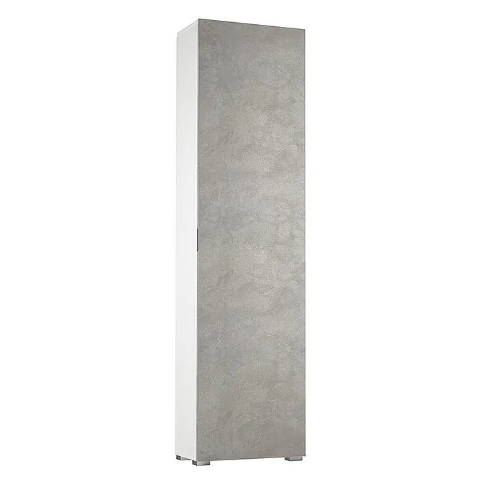 Kiamami Valentina Holz-Mehrzweckschrank - 50 x 30 x 182 cm, Weiß - Hoher Hochschrank mit grauer strukturierter Front, weißer Seitenwand und Metallfüßen.