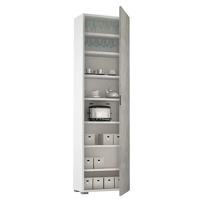 Kiamami Valentina Holz-Mehrzweckschrank - 50 x 30 x 182 cm, Weiß - Hoher weißer Küchenschrank mit grauer Tür in Betonoptik, Regalflächen für Gläser, Tassen, Wasserkocher, Toaster und Aufbewahrungsboxen.