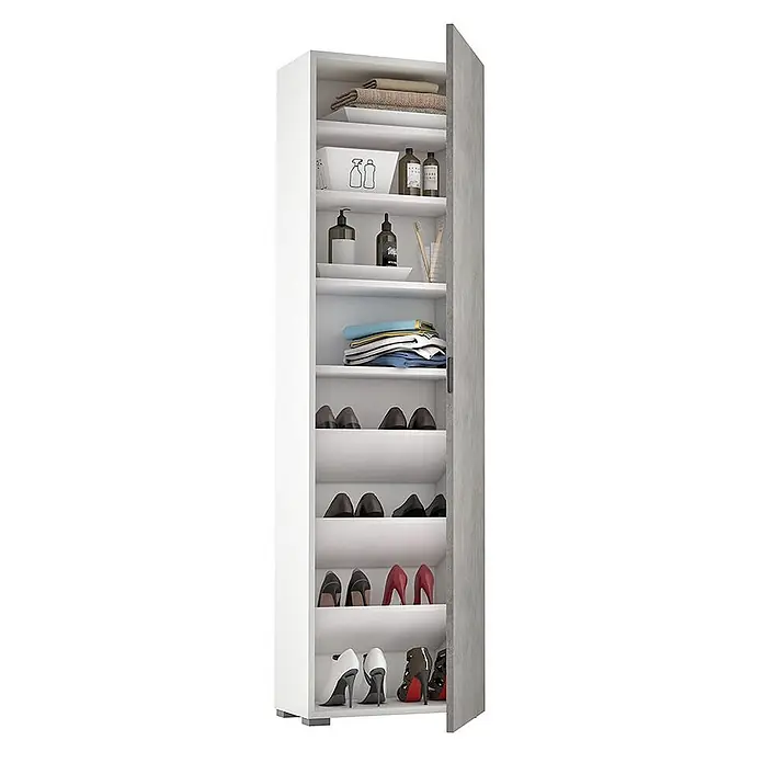Kiamami Valentina Holz-Mehrzweckschrank - 50 x 30 x 182 cm, Weiß - Hoher, schmaler Schrank mit weißem Korpus und Betontür, innen Handtücher, Toilettenartikel, Kleidung und Schuhe auf mehreren Ablagen.