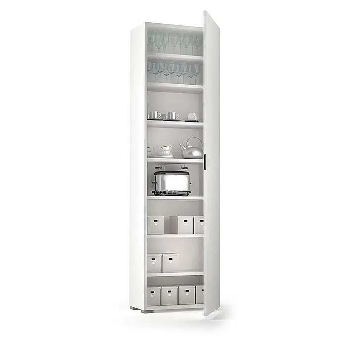 Kiamami Valentina Holz-Mehrzweckschrank - 50 x 30 x 182 cm, Weiß - Hoher weißer Aufbewahrungsschrank mit leicht geöffneter Tür, der Regale mit Geschirr, Toaster und Aufbewahrungsboxen zeigt.