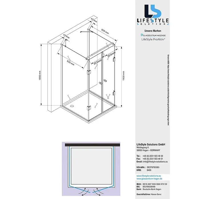Glaszentrum Hagen U-Duschkabine Glaszentrum Hagen 100x80x100x195 cm Ares U-Duschkabine - Imprägniert, Farblos - Technische Zeichnung einer Duschkabine aus Klarglas mit Chrom-Beschlägen und detaillierten Maßen.