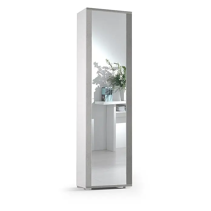 Kiamami Valentina Holz-Mehrzweckschrank - 50 x 32 x 182 cm, Zementfarbe - Weißer Hochschrank mit Ganzkörperspiegel und grauen Akzentleisten.