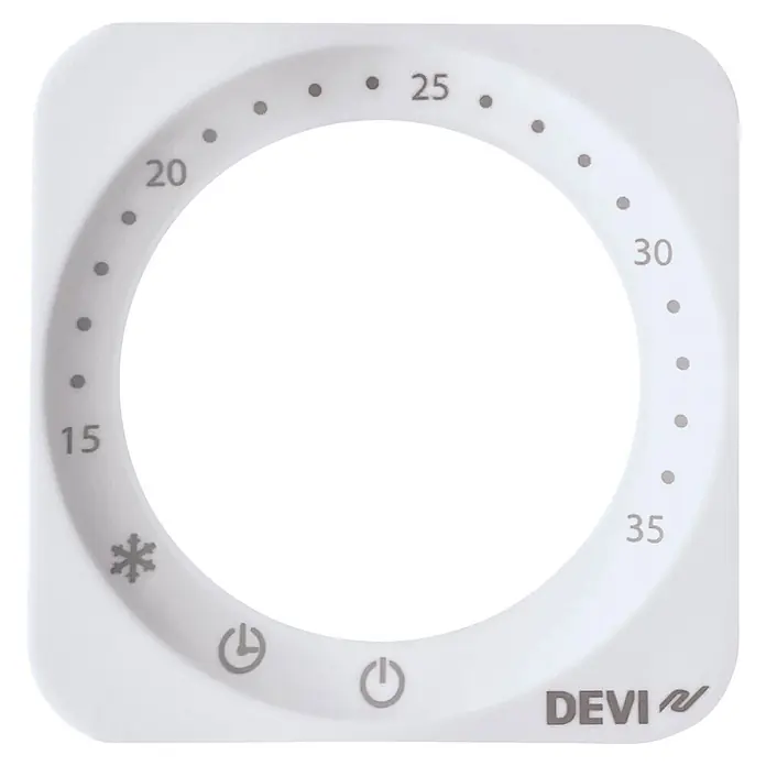 Devi Thermostat Basic - Geeignet für: Fußbodenheizungen - Weißer quadratischer Thermostat mit rundem Bedienfeld, Temperaturanzeige (15-35), Symbolen für Frostschutz, Timer und Power. Marke DEVI.