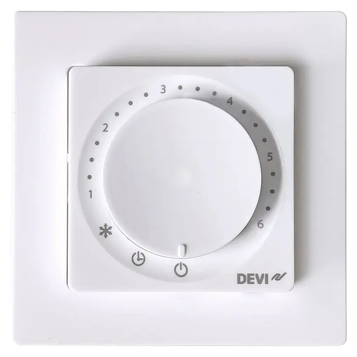 Devi Thermostat Basic - Geeignet für: Fußbodenheizungen - Weißes DEVI-Thermostat aus Kunststoff mit Drehregler (1-6), Frostschutz-, Strom- und Timer-Symbolen.